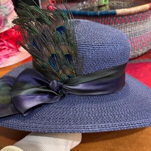 Louise Green blue straw hat with peacock feathers, NWT